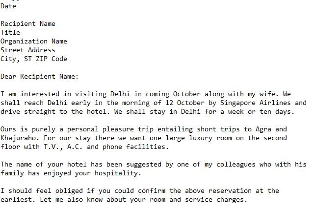 Inquiry Letter For Hotel Reservation | 101 Business Letter