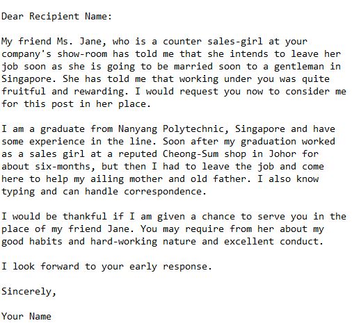 application letter as a sales girl sample
