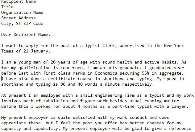 Application Letter For The Post Of A Typist Clerk | 101 Business Letter