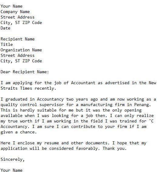 job application letter sample for accountant