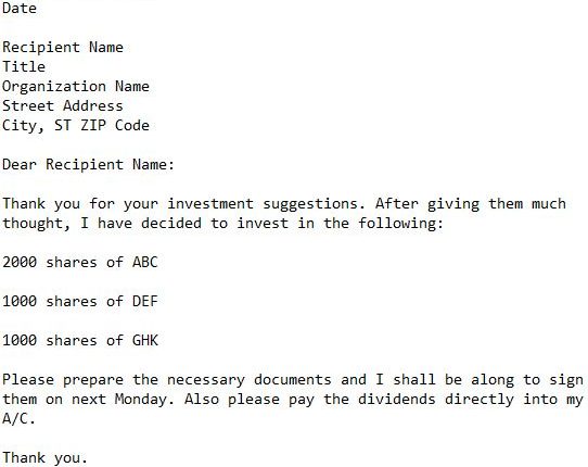 Letter Instructing Bank To Make Investment : 101 Business Letter