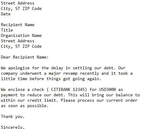 Letter Sending Payment To Reduce Debt : 101 Business Letter