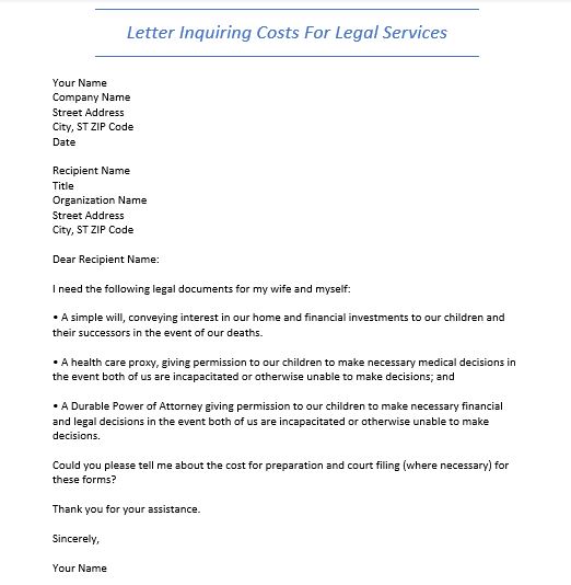 letter inquiring costs for legal services