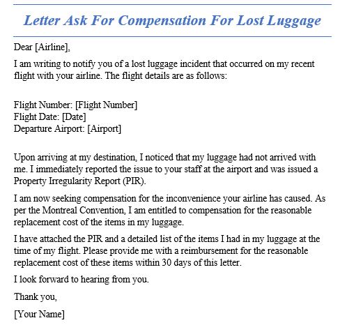 letter ask for compensation for lost luggage